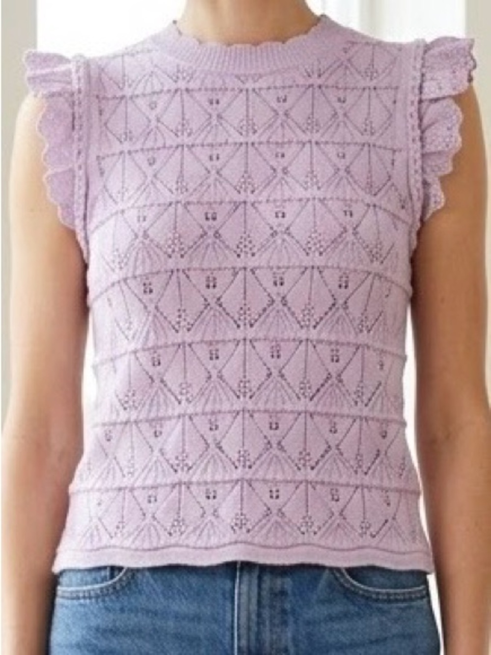 CURRENT AIR Lavender Pointelle Eyelet Ruffle Knit Sweater Top Layer Vest S EUC